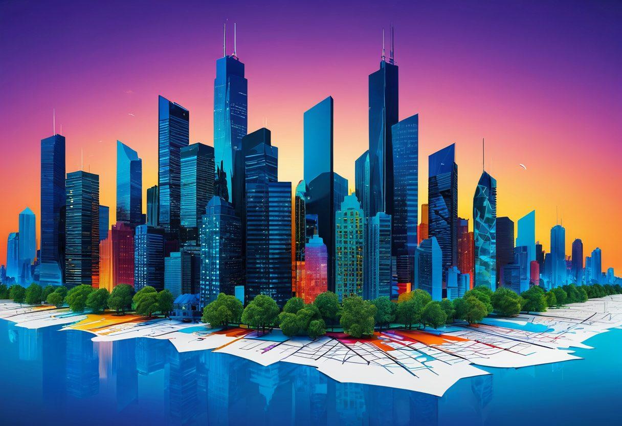 A modern city skyline with skyscrapers, vibrant for-sale signs in front of stylish homes, and a diverse group of engaged individuals discussing real estate trends over a map. Incorporate elements like graphs and charts floating in the background to symbolize data analysis. The color palette should be energetic and inviting, capturing the dynamic world of real estate. digital art. vibrant colors. 3D.