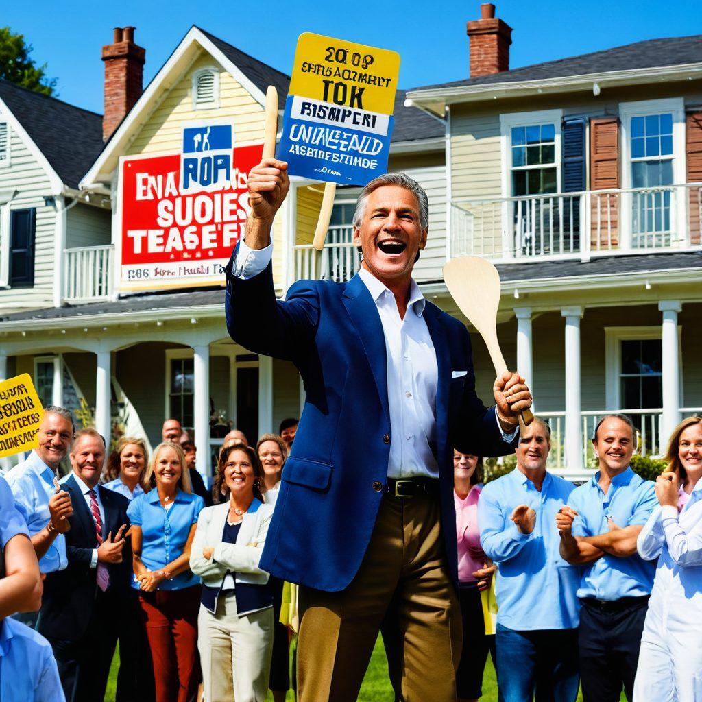 A bustling real estate auction scene with diverse bidders raising paddles, showcasing excitement and anticipation. In the foreground, a confident auctioneer passionately presenting a property with vibrant banners displaying 'Sold!' graphics. A backdrop of luxurious homes and estates, emphasizing the theme of liquidation and opportunity. Bright, engaging colors to convey a sense of success and achievement. super-realistic. vibrant colors. dynamic composition.