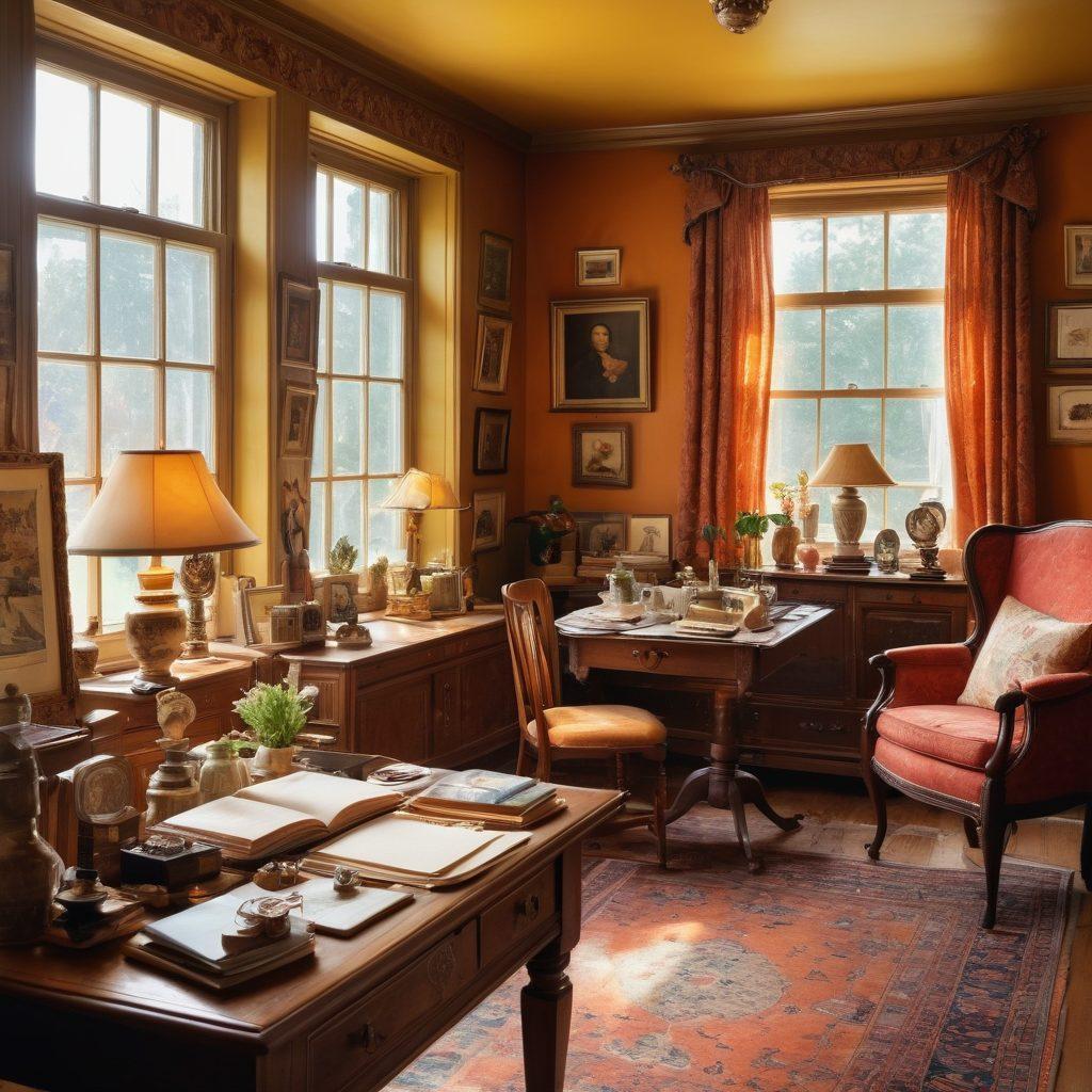 A detailed scene of a well-organized estate sale, featuring an array of vintage items, antiques, and collectibles beautifully displayed on tables. A couple is discussing the best strategies for selling items, with an open notepad showing tips on maximizing value. Sunlight streams in through a window, creating a warm and inviting atmosphere. The background features a charmingly cluttered living room that conveys a sense of history and nostalgia. super-realistic. vibrant colors. warm lighting.